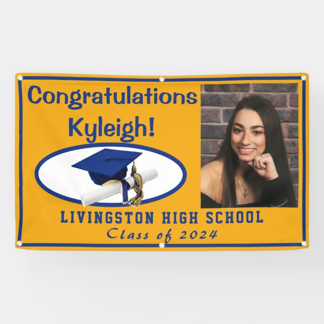 Gold & Royal Blue Accent Vinyl Abschluss Foto Banner (Horizontal)
