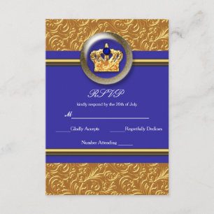 Gold & Royal Blue Crown Elegante Event RSVP Card Karte
