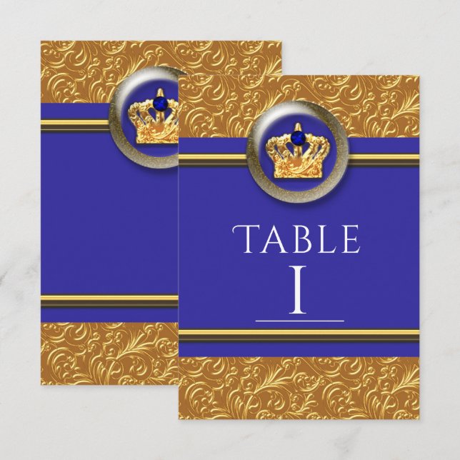 Gold & Royal Blue Crown Elegante Tischnummer Card (Vorne/Hinten)