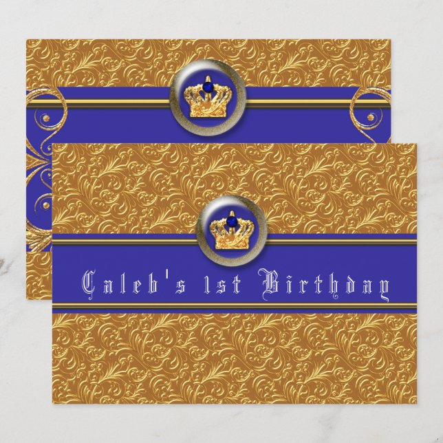 Gold & Royal Blue Crown Invitations de fête d'anni (Devant / Derrière)
