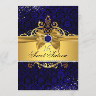 Gold Royal Blue Damask 16 . Geburtstag Einladung