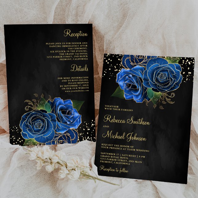 Gold Royal Blue Floral All in One Black Wedding Einladung (Von Creator hochgeladen)