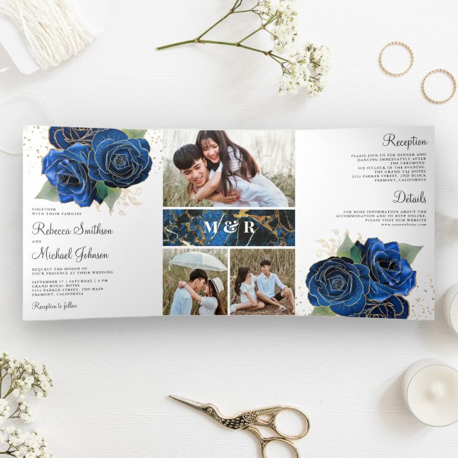 Gold Royal Blue Floral Foto Collage Wedding Dreifach Gefaltete Einladung (Von Creator hochgeladen)