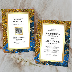 Gold Royal Blue Marble QR Code White Wedding Einladung