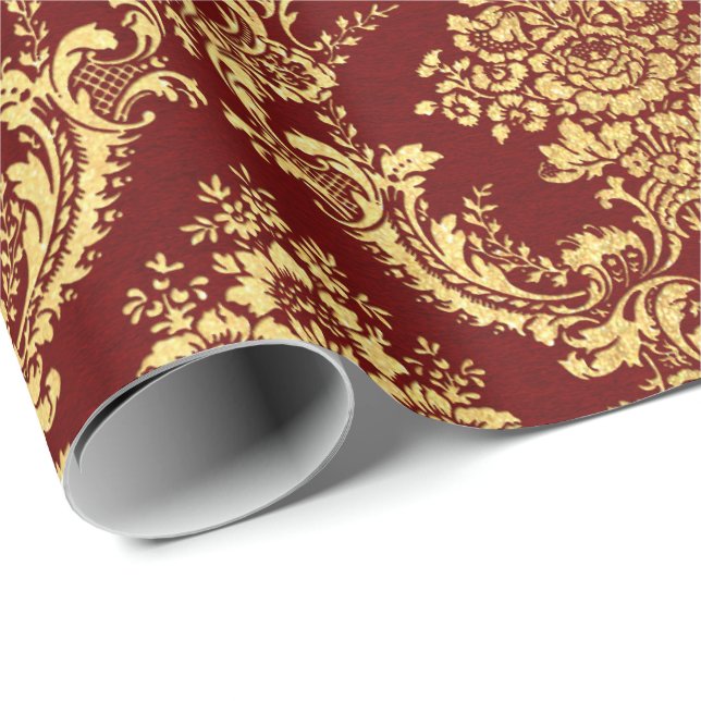 Gold Royal Damask Floral Maroon Burgundy Red Lux Geschenkpapier (Rolleneckpunkt)