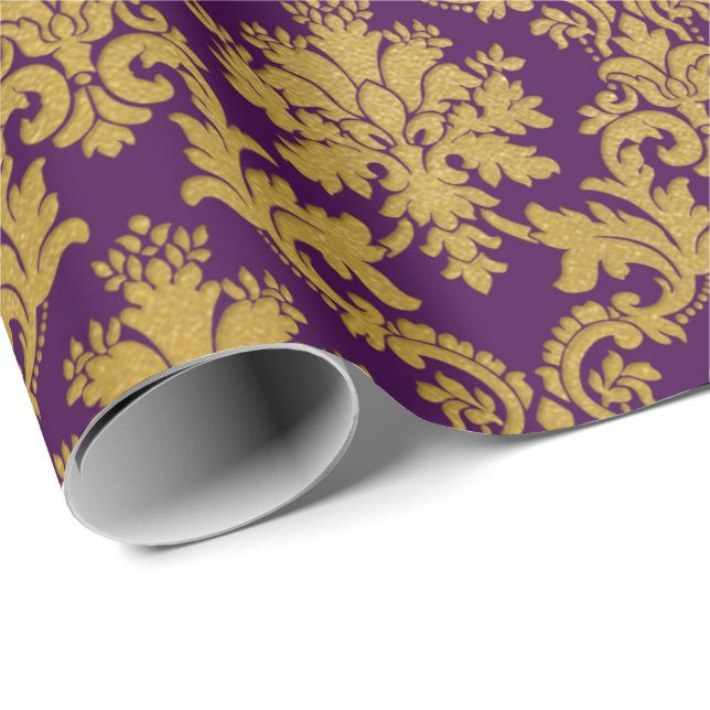 Gold Royal Damask Lila floraler Pflaumen Barock Geschenkpapier (Rolleneckpunkt)