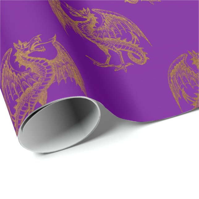 Gold Royal Dragon Fairly King Lila Plum Heraldic Geschenkpapier (Rolleneckpunkt)