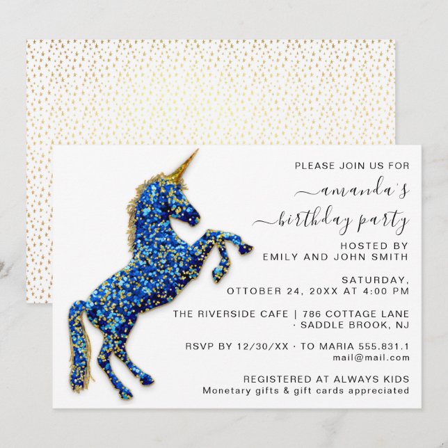 Gold Royal Glitzer Unicorn Einladung (Vorne/Hinten)