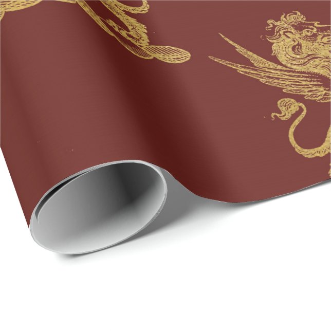 Gold Royal Lions Fairly King Maroon Red Heraldic Geschenkpapier (Rolleneckpunkt)