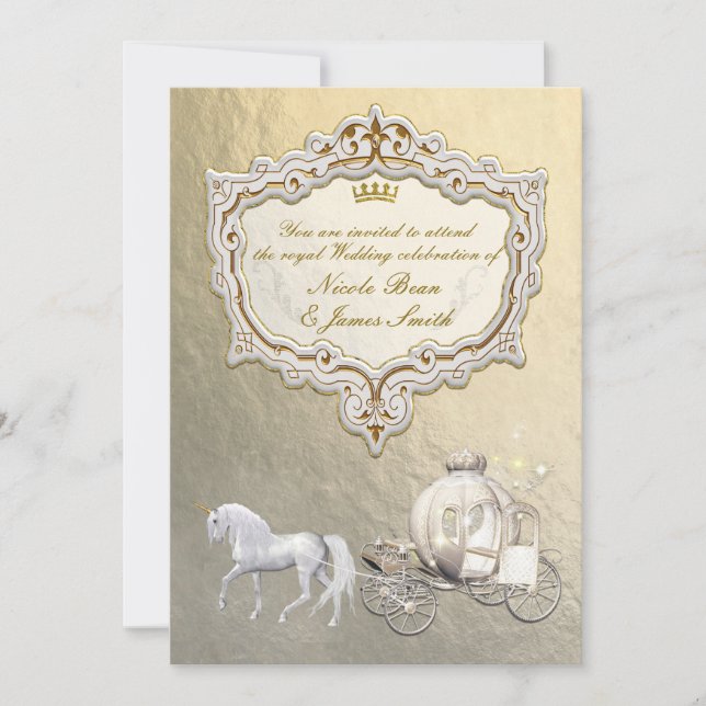 Gold Royal Princess Storybook Carriage & Unicorn Einladung (Vorderseite)