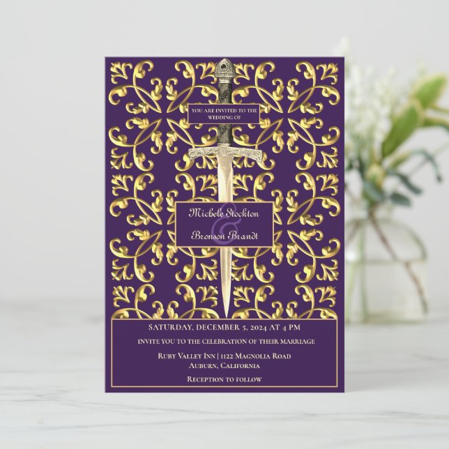 Gold & Royal Purple Faire-part de mariage (Debout devant)