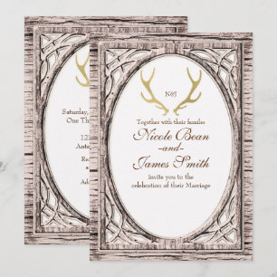 Gold Rustic Deer Antlers White Wood Einladung