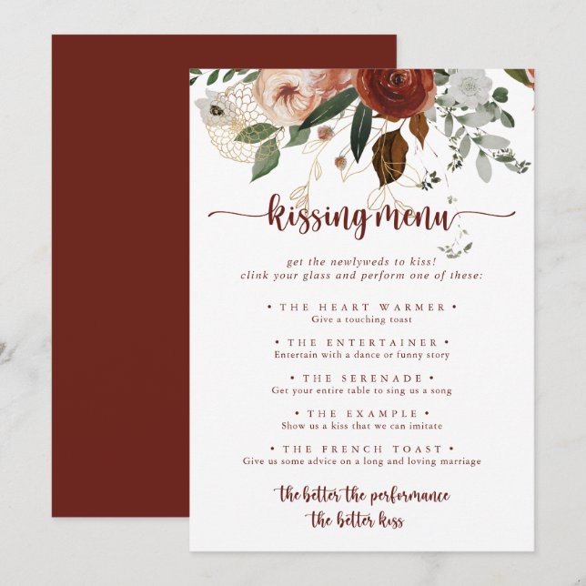 Gold Rustic Floral Wedding Kissing Menu Game Card (Vorne/Hinten)