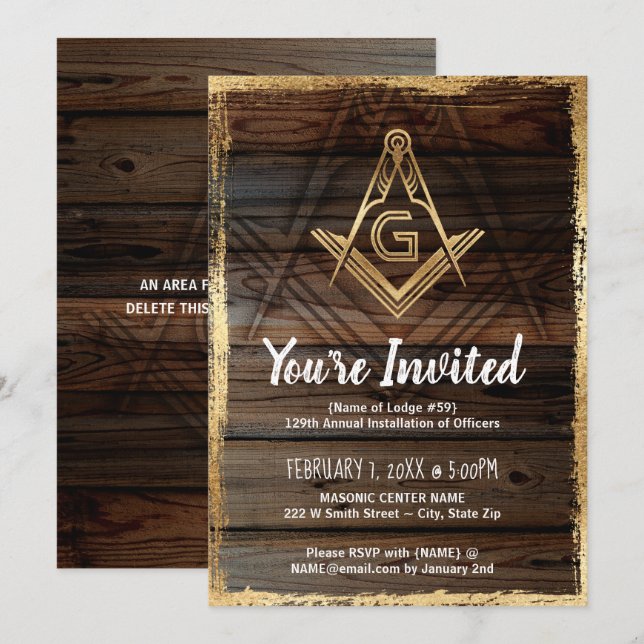 Gold Rustic Wood Masonic Einladungen | Freimaurere (Vorne/Hinten)