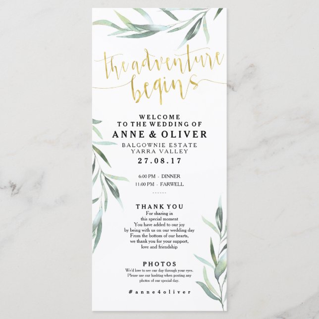 Gold Rustikales Eukalyptus-Hochzeitsprogramm Programm (Vorderseite)