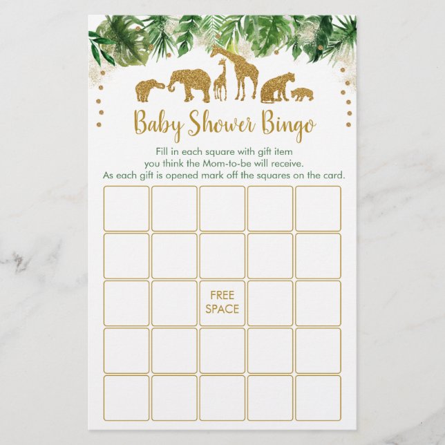 Gold Safari Animal Baby Dusche Bingo Spiel (Vorderseite)