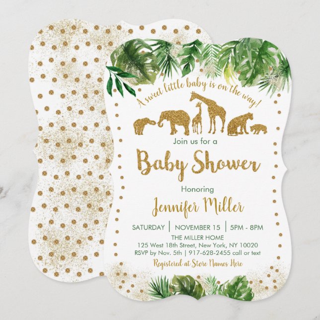 Gold Safari Animal Baby Dusche Die Cut Einladung (Vorne/Hinten)