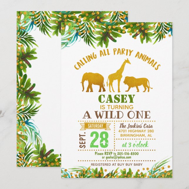 Gold Safari Animal Einladung zum Geburtstag (Vorne/Hinten)