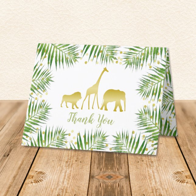 Gold Safari Animals Baby Dusche Danke Karte (Tropical Safari Animals gold and green with palm branches Folded Thank You Card)