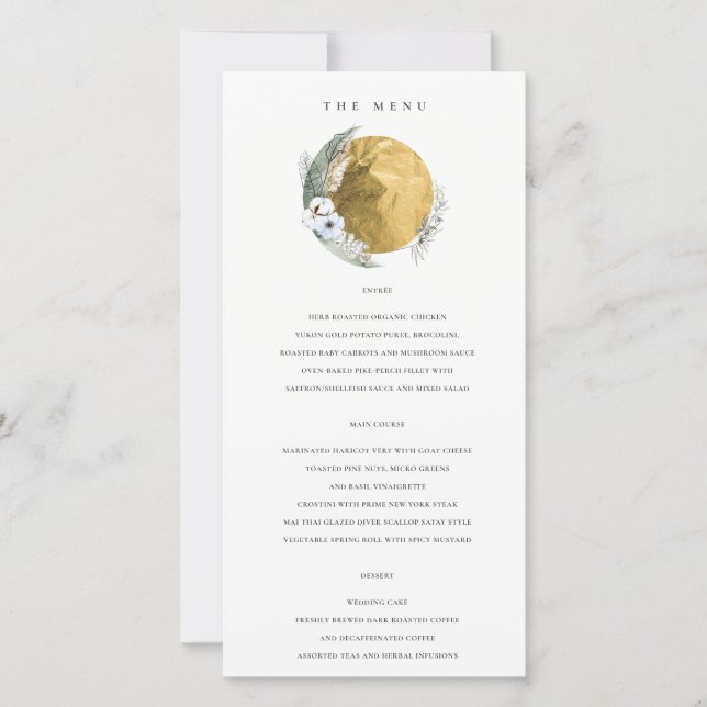 Gold Saga Green Floral Wreath Wedding Menu Card Dankeskarte (Vorderseite)