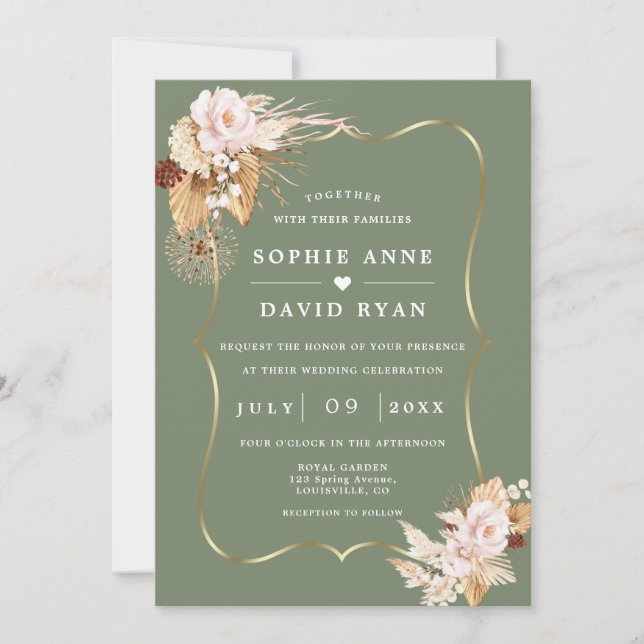 Gold Sage Green Floral Fall All In One Wedding Einladung (Vorderseite)