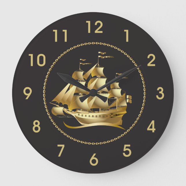 Gold Sailboat Nautical Große Wanduhr (Vorderseite)