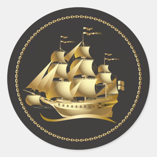 Gold Sailboat Nautical Runder Aufkleber (Vorderseite)