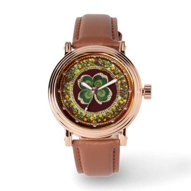 Gold Saint Patrick Kleeblatt Jewel mit Perlen Armbanduhr (Vorderseite)