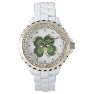 Gold Saint Patrick Kleeblatt Jewel mit Perlen Armbanduhr