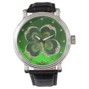 Gold Saint Patrick Kleeblatt Jewel mit Perlen Armbanduhr