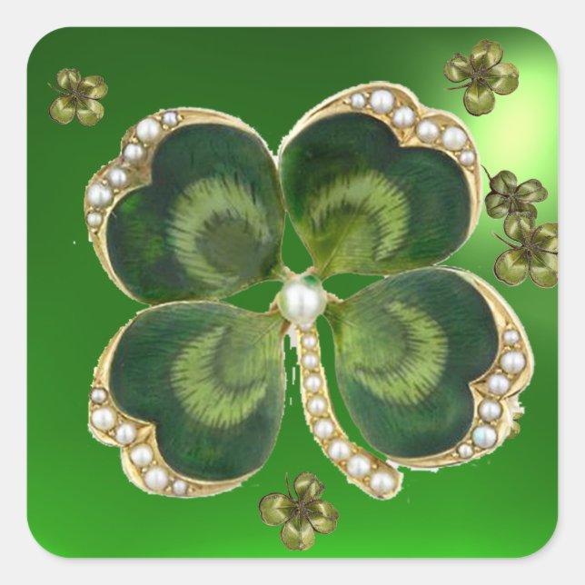 Gold Saint Patrick Kleeblatt Jewel mit Perlen Quadratischer Aufkleber (Vorderseite)