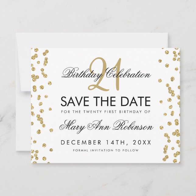Gold Save the Date 21. Geburtstag Confetti White (Vorderseite)