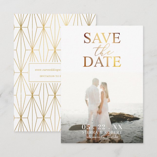 Gold Save the Date, das Mitteilung Wedding ist Einladung (Vorne/Hinten)