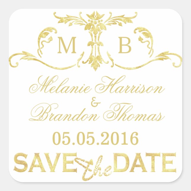 Gold Save the Date Stickers Gold Monogramm Hochzei (Vorderseite)