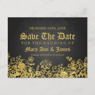 Gold Save the Date Viktorianisch Geblüht Schwarz Ankündigungspostkarte