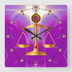 GOLD SCALES OF LAW WITH GEM STONES ,Justice Symbol Quadratische Wanduhr