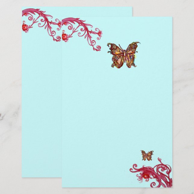 GOLD SCHALTFLY UND RED BERRIES Aquamarin Blau Briefpapier (Vorne/Hinten)