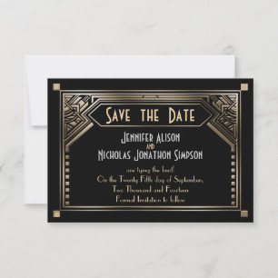 Gold schattierte Gatsby Art Deco Hochzeit Speicher Save The Date