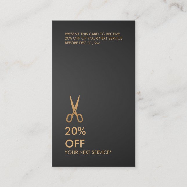 Gold-Schere Haar Stylist Black Discount Vertikal Visitenkarte (Vorderseite)