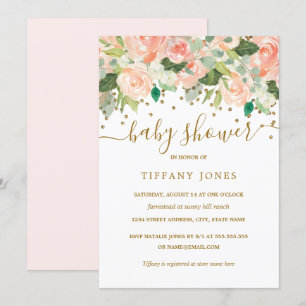 Gold-Schimmer-Pfirsich-Blumen-Aquarell-Baby-Party Einladung