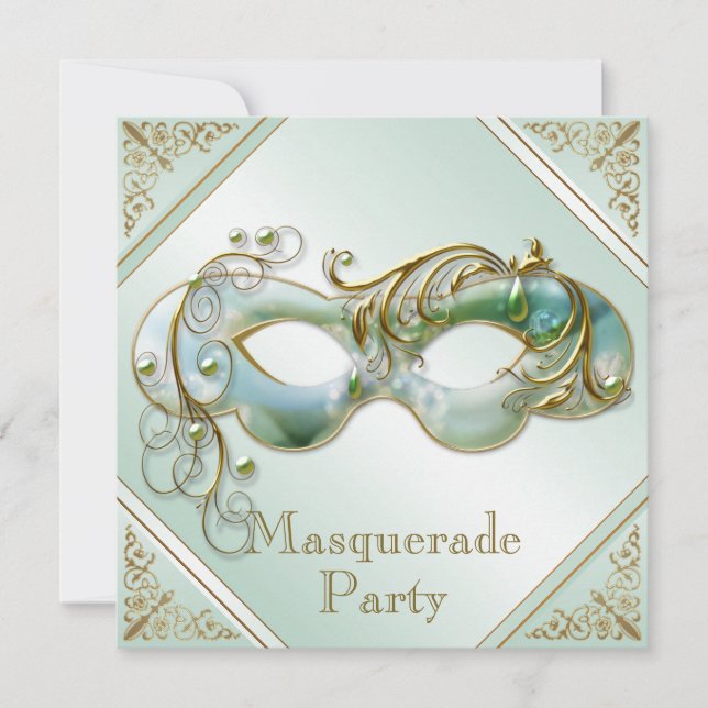 Gold Schnörkel Masquerade Party Minze Grün Einladung (Vorderseite)