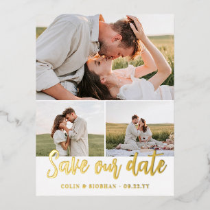 Gold Schrift 3 Fotos Hochzeit Termin merken Folie Einladungspostkarte