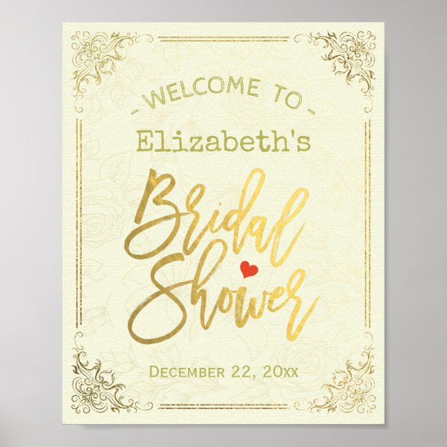 Gold Schrift Blumenrahmen Brautparty Willkommen Poster (Vorne)