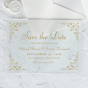 Gold Schrift Botanischer Rahmen Hochzeit Termin vo Acryleinladungen