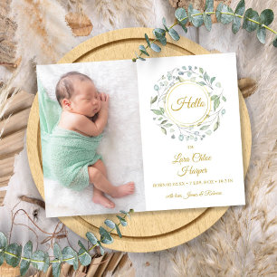 Gold Schrift Hallo Foto Grünzeug Florales Geburtst Ankündigungspostkarte
