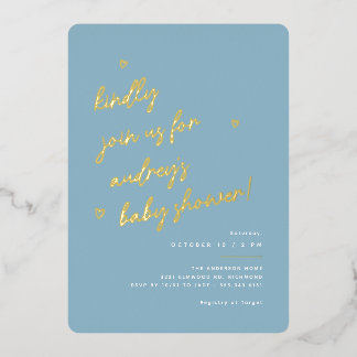 Gold Schrift | Moderne hellblaue Babyparty für Jun Folieneinladung
