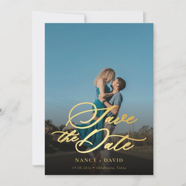 Gold Schrift Qr Code Foto Hochzeit Save The Date (Vorderseite)