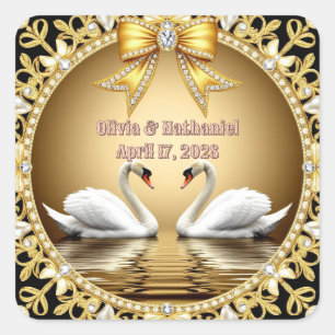 Gold Schwan Hochzeits Namensdekoration 💍 Quadratischer Aufkleber