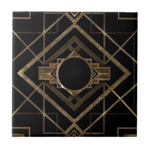 Gold, Schwarz, Art Deco, metallisch, Muster, Vinta Fliese