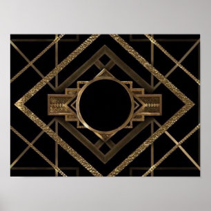 gold, schwarz, Art Deco, metallisch, Muster, vinta Poster